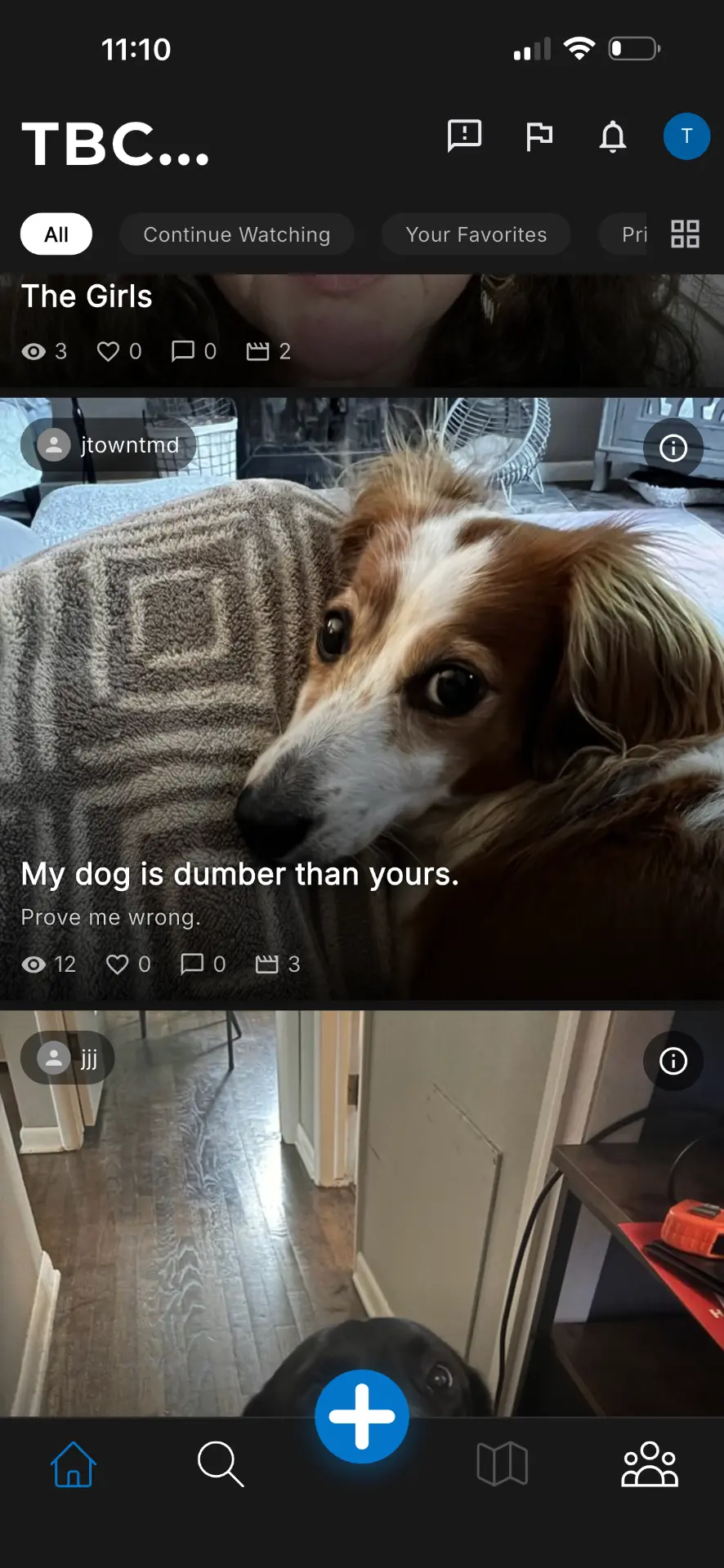 TBC... app feed preview showing user-generated stories and the home feed