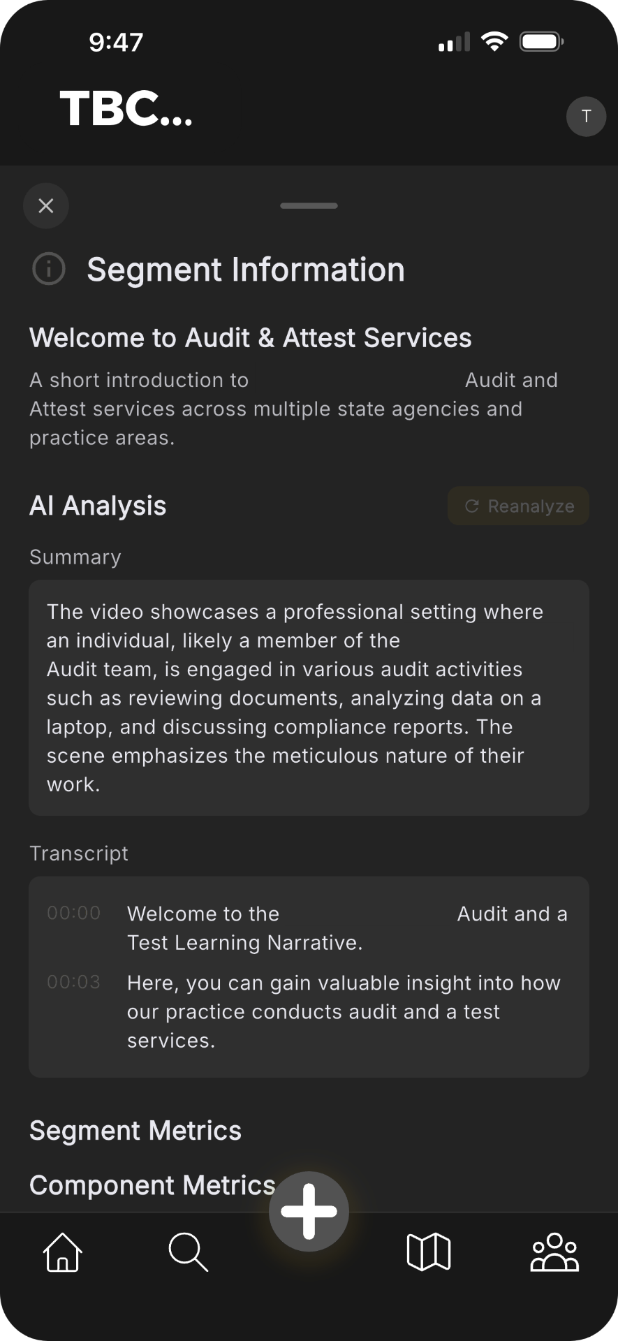 AI analysis with transcript and segment metrics
